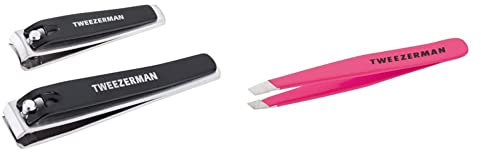 Tweezerman Stainless Steel Nail Clipper 2-Piece Set & Neon Pink Stainless Steel Mini Slant Tweezer