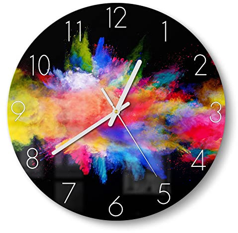 DEQORI Glasuhr | rund Ø 30 cm | Motiv Zusammenknall Farbpuder | ausgefallene leise Design Uhr aus Glas | Wanduhr für Wohnzimmer & Küche | moderne Hingucker Uhr für die Wand