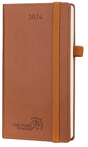 POPRUN Taschenkalender 2024 Klein 16,5 x 9 cm (Jan.2024-Dez.2024) - Kalender 2024 mit PU-Leder - Terminplaner, Planer 1 Woche 2 Seite mit Zertifiziertem Papier - Braun