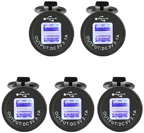 USB Socket 2 Port Built-In Car RV Boats Motorcycle USB Plug 5V 3.1A Charger Adapter 12V/24V Car for Sat NAV, Mobile Phone, GPS with Dustproof/Waterproof Cover (5PCS)