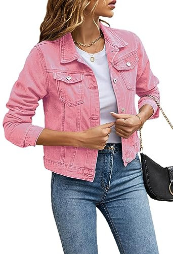Tomwell Veste en Jean Femme Chemisier à Button Blouson Denim Manches Longues Casual Jacket Vintage Manteau Sweat Printemps Automne B Rose S