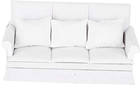 Dilwe 1:12 Puppenhaus-Sofa Hölzerne Puppenhaus-Couch mit DREI Kissen Mini-Puppenhaus-Möbeldekoration für das Wohnzimmer des Puppenhauses (Weiss)