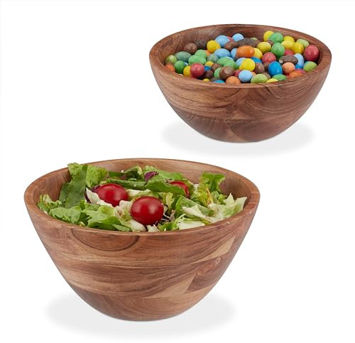 Relaxdays Salatschüssel, 2er Set, Akazienholz, Ø 19 & 25 cm, runde Servierschüsseln für Salat, Snacks, Obstschale, braun