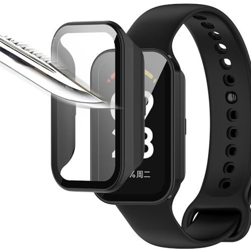 Msiall [2 piezas Película protectora de pantalla negro con vidrio templado para,estuche para PC con dureza 9H, parachoques, estuche protector completo delgado para inteligente mi band 8 active