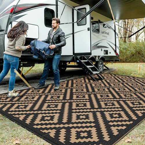 GENIMO Outdoor-Teppich für Terrasse, 3 x 35 cm, wasserdicht, große Campingmatte, wendbare Kunststoff-Stroh-Teppiche für Wohnmobil, Wohnmobil, Balkon, Hinterhof, Picknick, Deck (schwarz und braun)