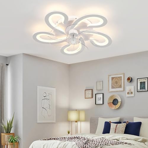 Luyaim Ceiling Fans with Lights, 54CM Ceiling Fan Lights with Remote Control, Dimmable 6 Speed Timer Led 72W Ceiling Fans with Lamps Mordern Bedroom Flush Mount Low Profile Ceiling Fan-White