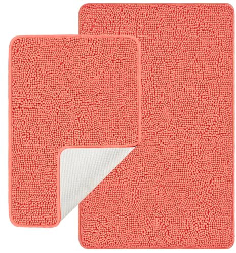 PureSwan Coral Badezimmerteppich-Set, 2-teilig, saugfähige und waschbare Badematte, rutschfest, dicker, weicher Chenille-Badteppiche für Badezimmerboden, Dusche, Waschbecken, 43,2 x 61 cm + 50,8 x