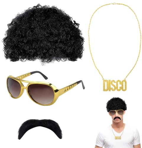 VOSSOT 70er 80er Jahre Kostüm Set Herren 4 Stück 70er Jahre Outfit Herren Hippie Kostüm Herren 1 Afro Perücke Männer 1 Brille 1 Disco Halskette 1 Schnurrbart für Cosplay Halloween Kostümfeste