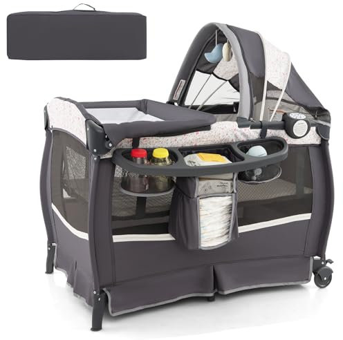 COSTWAY 4 in 1 Foldable Travel Cot, Portable Baby Bed Playard with Bassinet, Changing Table, Canopy, Music Box, Wheels, Carry Bag, Storage Rack, Nursery Center for Newborn Toddlers (Dark Gray+Floral)