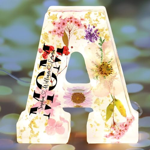 Jacklin F Benutzerdefiniertes Blumenharz-Nachtlicht, personalisiertes Namensnachtlicht, getrocknete Blumen-Buchstabenlampe, leuchtendes A-Z-Buchstabenschild mit LED-Licht für Mutter, Frau