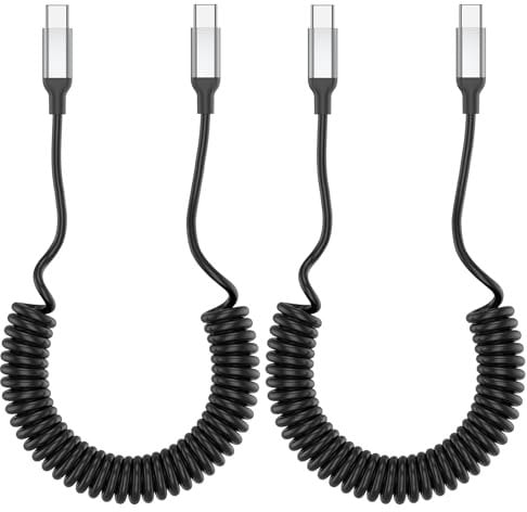 Coiled USB C to USB C Cable, 2 Pack PD 60W Car Charger Fast Charge, Short Data Transfer Compatible for iPhone 15 Pro Max/Samsung Galaxy/Oneplus/Huawei Mate/Apple Carplay
