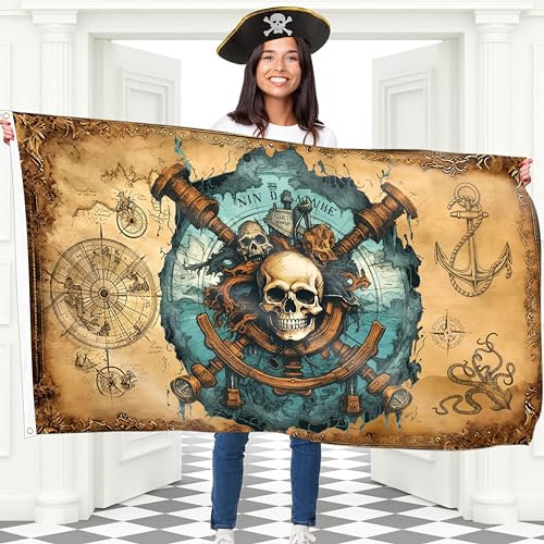 Piratenflagge - Jolly Roger Flagge mit Piratenkarte - 100Den Polyester - Doppelnaht - 2 Messingösen, groß 1,5 m x 0,9 m