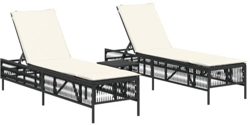 vidaXL Sonnenliegen 2 STK., Sonnenliege mit Tisch Kissen, Relaxliege für Garten Terrasse, Gartenliege Sonnenbett, Schwarz Poly Rattan