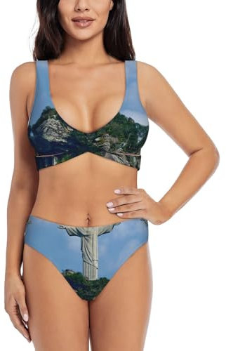 Rio de Janeiro Monte Cristo Badeanzüge für Damen 2024, 2-teiliges Bikini-Set mit hoher Taille, Bauchkontrolle, Bademode, Schwarz, XL
