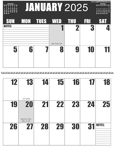 Jumbo Large Print Wandkalender 2025, kontrastreich, schweres Papier, 13 Monate, Januar 2025 bis Januar 2026, 43,2 cm breit x 55,9 cm lang, wenn geöffnet.