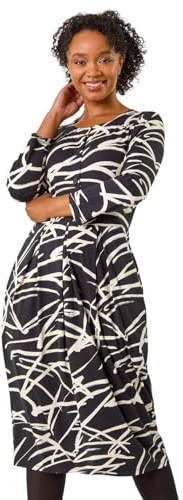 Roman Petite Linear Print Button Stretch Midi Dress for Women UK Ladies Autumn Everyday Winter Holiday Round Neckline Comfy 3/4 Sleeve Soft Fit & Flare Frock Warm - Black Beige - Size 18
