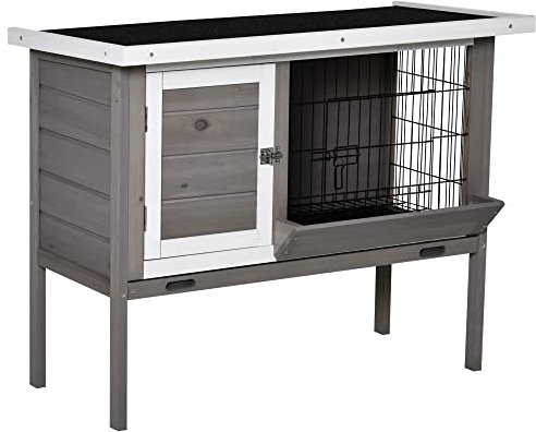 PawHut Clapier en Bois pour Lapin, Cage d'extérieur pour Petits Animaux, avec mangeoire, Toit en Asphalte, 2 Portes et Plateau Amovible, 91 x 46 x 71 cm, Gris