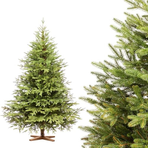 FAIRYTREES Árbol de Navidad 180 cm Nordmann Exlusivo 100% PE | Elementos Naturales Moldeados por inyección | Hecho en la UE | Árbol de Navidad con Soporte de Madera de Fresno Hecho a Mano