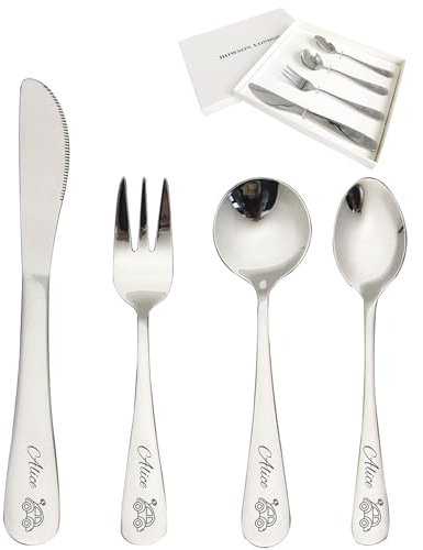 Personalized Cutlery Set for Kids Children Toddler Cutlery 4pcs Engraved Knife Fork Spoon Stainless Steel Cutlery Set Christening Christmas Gifts for Boy Kids Girls Cutlery Gifts (Car)