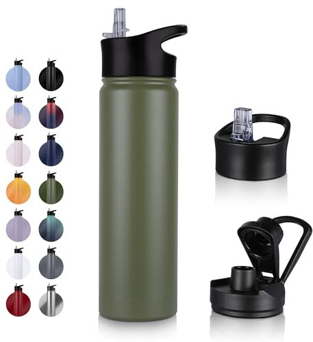UMBFUN Edelstahl Trinkflasche - 750ml - mit Strohhalm,Auslaufsicher,Kohlensäure Geeignet,BPA frei Thermosflasche(+2 Deckel) Vakuum Doppelwandisolierung für Sport,Reisen,Camping,Schule,Fahrrad,Gym