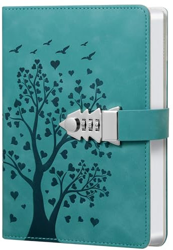 Herzförmiger Baum Tagebuch mit Schloss – 244 Seiten, A5 (5.8“ x 8.4”), PU-Leder, Tagebuch mit Zahlenschloss Lesezeichen – Blaugrün – Ideal für Notizen, Planer und kreatives Schreiben