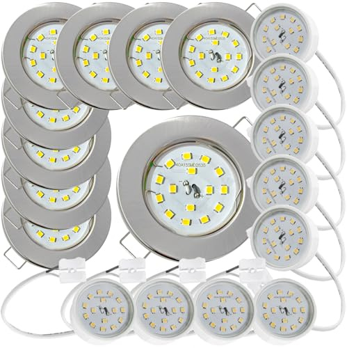 9er Set Flache SMD LED Modul Einbaustrahler | Farbe Edelstahl gebürstet | 5W | 230V | Starr | Klemmring | LED Spots für die Decke mit wenig Einbautiefe | Wohnzimmer | Küche | Schlafzimmer usw.
