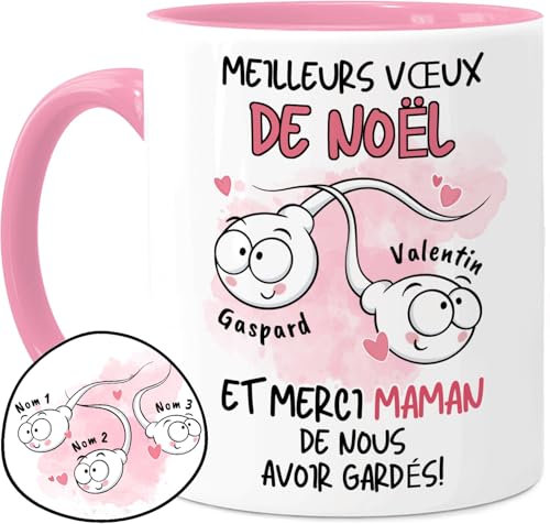 Cupdarling® Mug Maman avec 1-3 Enfants Personnalisé - Merci Maman, De Ne Pas M'Avoir Avalé - Tasse Humour Noël - Cadeau Drôle pour Noël - 330 mL Céramique - Rose