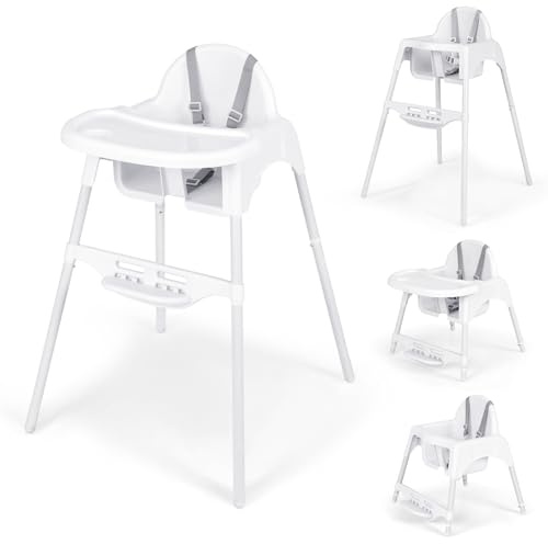 COSTWAY 4 en 1 Chaise Haute Bébé Evolutive, 6-36 Mois, Charge 15 kg, Chaise Bebe Convertible, Plateau et Repose-pieds Réglable Amovible, Harnais à 5 Points, Fauteuil Bebe, Barrière Antichute (Blanc)