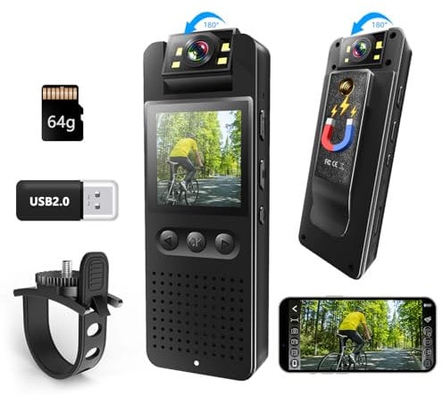 Bextgoo Mini Camara Deportiva, Body CAM con Tarjeta TF de 64GB, Visión Nocturna a Color, Fotos de 16MP, Clip Magnético & Soporte Bicicleta, Camara Corporal para Moto para Ciclismo, Viajes, Policía