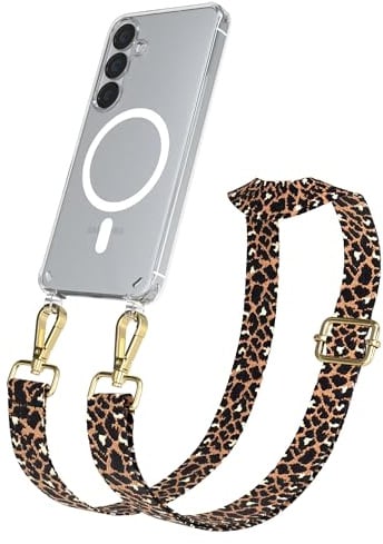 EAZY CASE Handykette - Verstellbares Taschenband kompatibel mit Galaxy S25, Schulterriemen, Handykordel mit Silikon Hülle, Qi Charging kompatibel, Umhängetasche, Leo - Schwarz Braun Metall Gold
