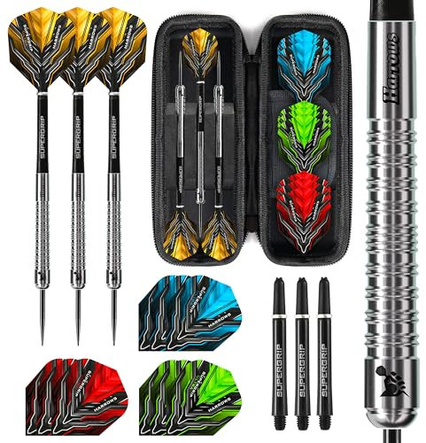 Harrows Supergrip Ultimate Darts-Set mit Wolframstahlspitze, inklusive Blaze-Dart-Etui, 22 g bis 28 g, riesiges 20-teiliges Bündel mit Ersatz-Ultra-Flights (24 Grams)