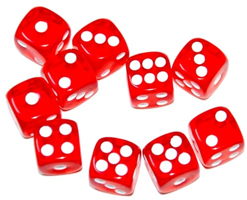SmartDealsPro 10-Pack D6 Six Sided 16mm Transparent Dice Die for DND, MTG, RPG, Tenzi, Yahtze, Bunco, Table Borad Games, Math Teaching (Red Translucent)