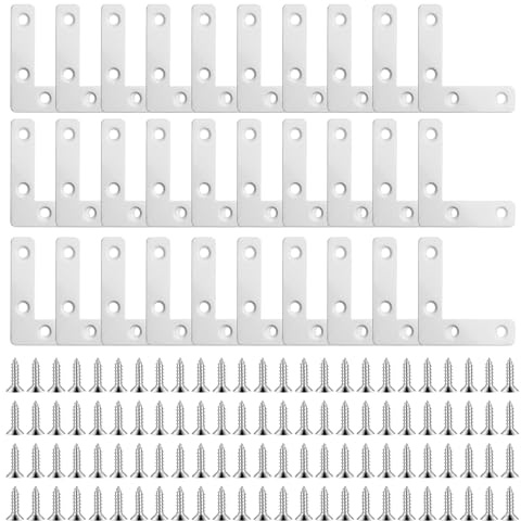 BEASAFY 30 Stück Flachverbinder Edelstahl, L-Form Flachwinkel, Winkelverbinder Halterung mit 100 Schrauben für Holzmöbel Schrank Tisch Stuhl