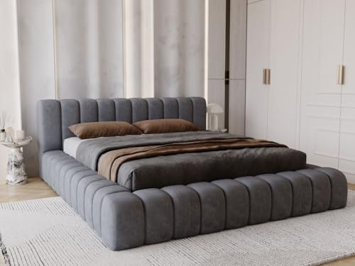GRAINGOLD Italia Bett 180x200, Polsterbett mit Bettkasten, Polsterbett mit Stauraum, Samt Stoff, mit Lattenrost, mit Kopfteil, ohne Matratze (Dunkelgrau, 180x200)