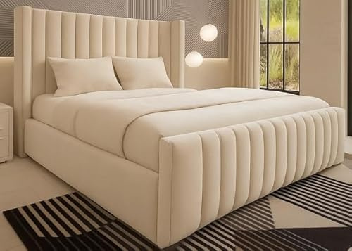 Royal Wiingback Bed Frame | Single Double King SuperKing Size | Fully Upholstered Luxury Bed | Optional Gas Lift & Mattress (Cream Plush, Double 4ft6 Bed Frame)