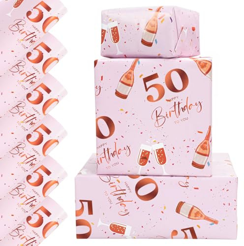 6 Sheets 50th Birthday Wrapping Paper, Birthday Gifts Decorations for Women | 70x50cm Rose Gold Pink Happy Birthday Gift Wrap Paper for Her Ladies Female, Plastic Free & Recyclable
