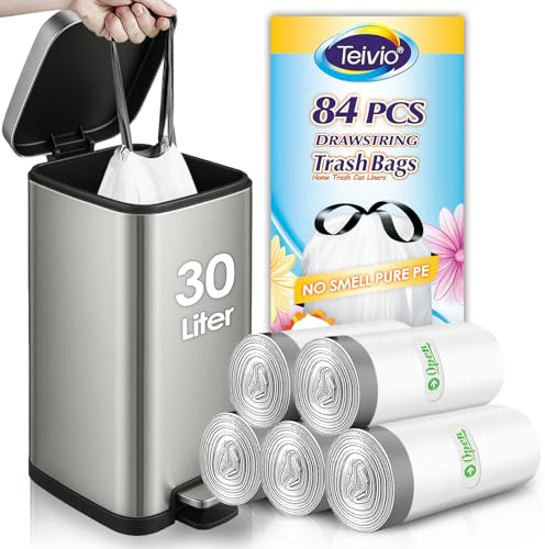 Teivio 30 Liter Medium Bin Liners with Tie Tap, 84 Counts 8 Gallon Strong Drawstring Pedal Bin Bags Fit 25-30L Trash Can, Waste Bin Bags for Home Office Kitchen Bathroom Bedroom, White Rubbish Bags