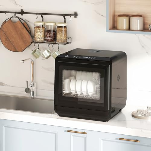 Countertop Dishwasher Table Top Compact Design with 4 Place Settings, LED Display, 5 Wash Cycles, Fruit Basket, Low Noise, Energy Efficient, Easy to Use for Home Kitchen & Office (Black)