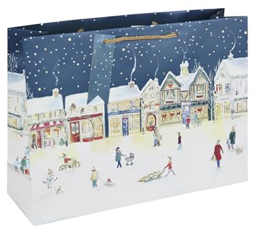 Winter Scene Christmas Large Navy Shopper Gift Bag 37cm – Festive Paper Present Bag with Gold Handles & Name Tag