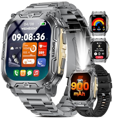 HIRREO TX12 Smartwatch Herren, 900 mAh/LED Taschenlampe/2.01 HD Großes Touchscreen Fitnesstracker, 100+ Sportmodi/Schrittzähler/Schlafmonitor/IP68 Wasserdicht Sportuhr, Herren Uhr für iOS/Android