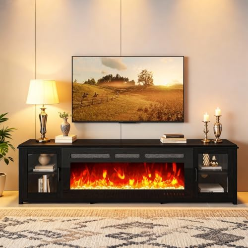 YISUFO 80 Fireplace TV Stand with 50 Smart Fireplace, LED Light Entertainment Center and Storage, Media TV Console for TVs Up to 100,Fire Place TV Stands for Living Room, Black (80IN-WiFi)