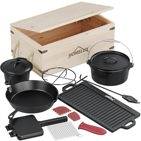 HOMELUX Dutch Oven Set 12-teilig, Gusseisen Camping Kochgeschirr Set | mit Schmortopf, Stieltopf, Grillpfanne, Pfanne, Waffeleisen, Zubehör & Holzkiste | Ideal für Camping, Grill & Hausküche