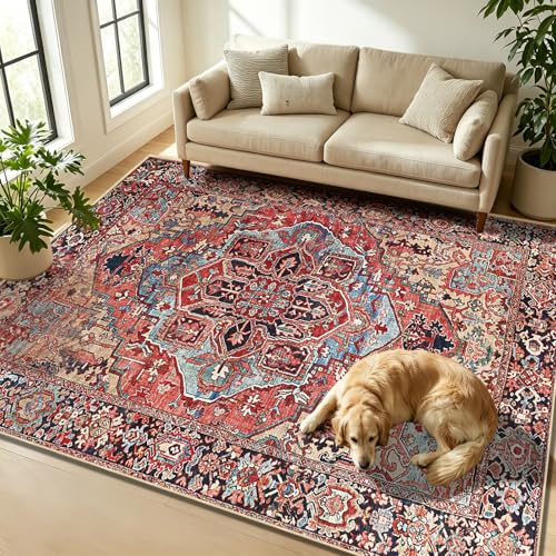 WUTONG Teppich Wohnzimmer 120x180 cm Waschbar rutschfest Kurzflor,Ideal für Home Office Arbeitszimmer und Kleine Sitzecke,Vintage Roter Orientteppich Retro Boho