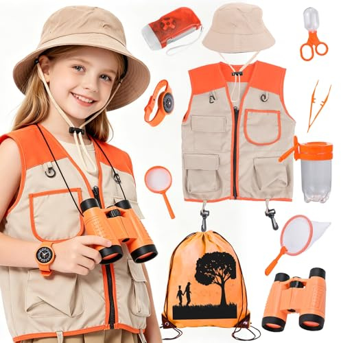 Xerteam Explorer Costume Kids, 11Pcs Safari Costume Paleontologist Costume with Explorer Hat, Vest, Binoculars, Butterfly Net, Outdoor Children's Camping Equipment for 3-10 Year Old Boys, Toy Gift