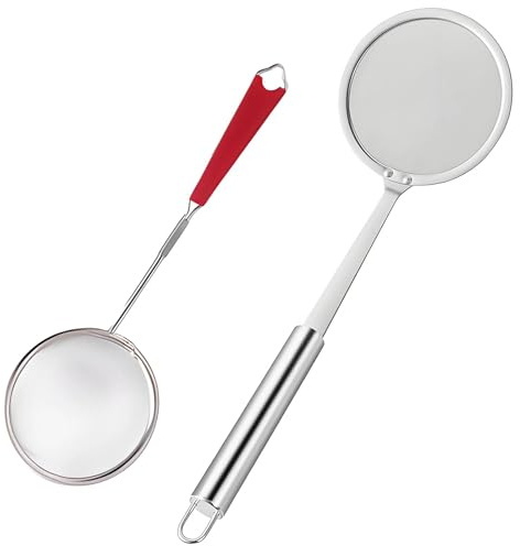 2PCS Fine Mesh Strainer Skimmer Spoon - Oil Filter & Fat Separator for Cooking, Hot Pot, Frying - Stainless Steel Long Handle Wire Ladle for Grease, Foam, Scum & Food Residue