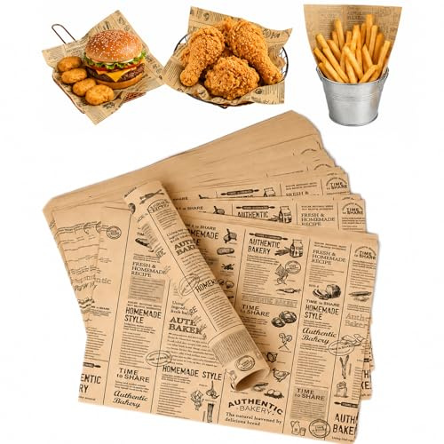 100 Blätter Backpapier Zeitungsoptik 25x25 cm Backpapier Zuschnitte, Fettdicht B-ackpapier Bedruckt, Butterbrotpapier, Ölbeständiges Sicheres Deli Wrap Papier für Sandwiches, Pommes, Kuchen, Brot