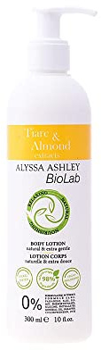 Alyssa Ashley - Biolab Tiare & Almond Body Lotion für empfindliche Haut, feuchtigkeitsspendende und beruhigende parfümierte Lotion, frei von Parabenen und anderen schädlichen Substanzen - 300 ml