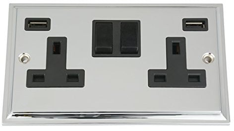 USB Socket 2 Gang - Polished Chrome - Victorian - Black Insert Plastic Rocker Switch - 13A Double Wall Plug USB Socket 3