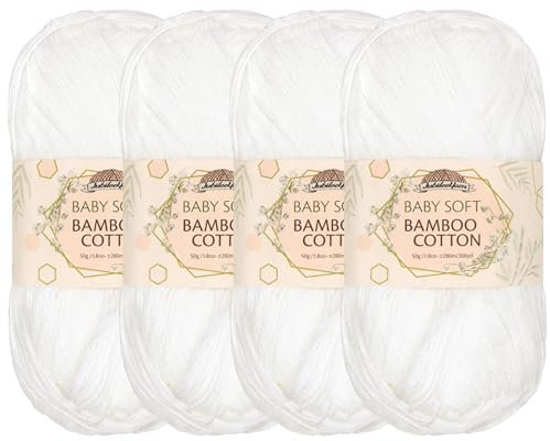 JubileeYarn Baby-Baumwollgarn, weiches Bambus-Garn, 50 g/Knäuel, Baumwolle, Weiß, 4 Knäuel