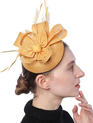 Biruil Damen Fascinator Hut Imitation Sinamay Feder Tee Party Pillbox Blume Derby, Za Gold, Einheitsgröße
